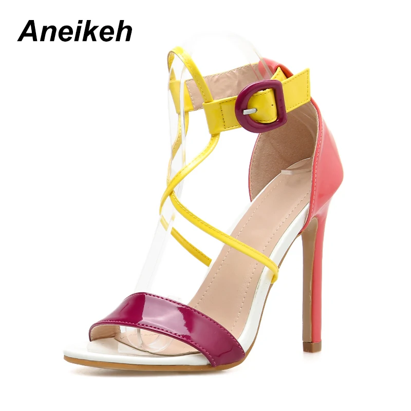 

Aneikeh 2019 Summer New Ladies Sandals Fashion Sexy Fish Mouth Open Toe Buckle Hollow Color Matching Bag With High Heel Sandals