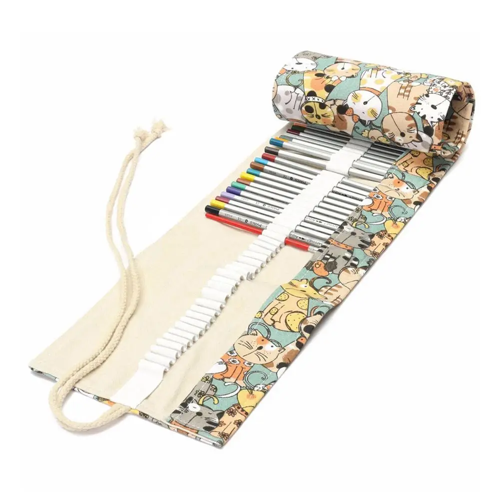 

48 Hole big face cat Cartoon Canvas Wrap Roll Up Pencil Case Pen Brush Bag