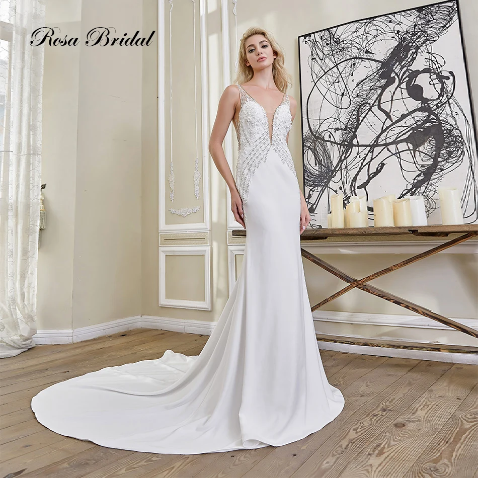 

Rosabridal 2019 new Mermaid Wedding Dress real work Deep V-neck nail beading crystal backless sexy Trumpet bridal gown