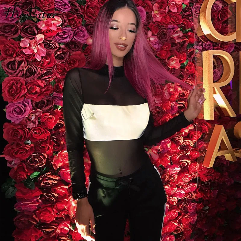 Hugcitar عالية الرقبة شبكة انظر من خلال كم طويل عاكسة خليط ارتداءها 2018 الخريف الشتاء المرأة الأزياء الجسم