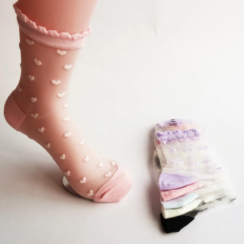 1 пара модных женских ультра тонких носков из смешанного хлопка с узором в виде сердца женские прозрачные короткие шелковые носки с сердечками
