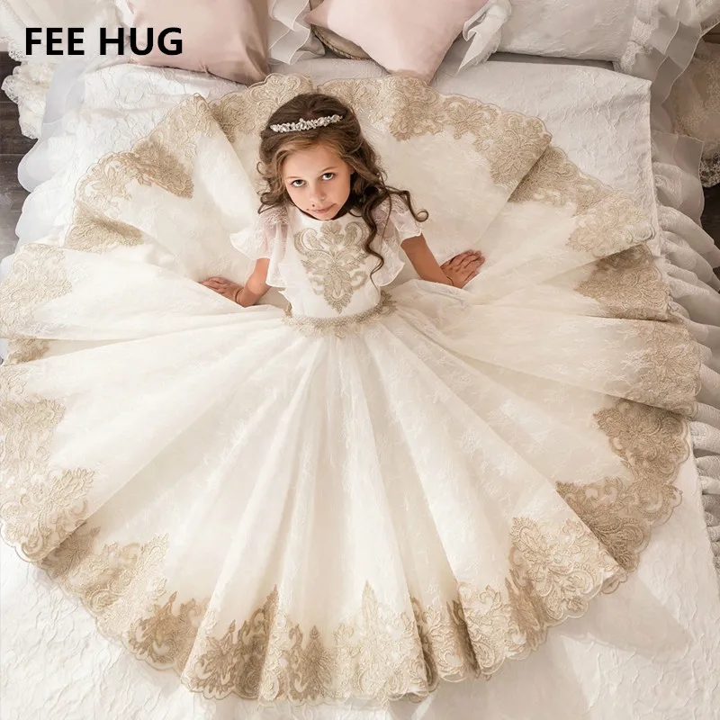 FEE HUG Princess Girls Wedding Dress Floor Length Vintage