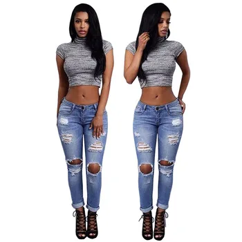 Women Sexy Skinny Boyfriend Ripped Jeans Pants Female Hole Pencil Pants Stretchy Tight Jeans Denim Pants Long Trousers YF258