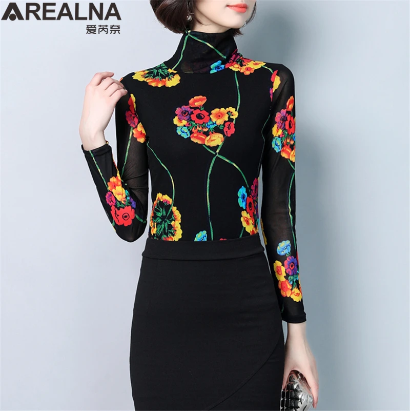 

Oversized Floral Tees Femme 2019 Autumn Korean Vintage Flowers Printed Slim Female T Shirt See Through Mesh Top Women Sexy Shirt