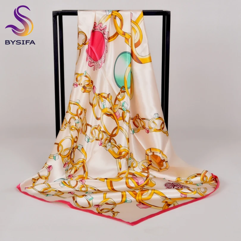 

[BYSIFA] New Beige Pink Satin Square Scarves Women Accessories Chain Style Silk Scarf Shawl 90*90cm Muslim Neck Head Scarf Cape