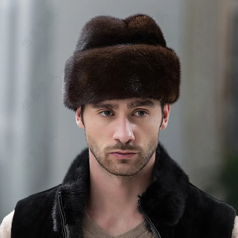 Real Whole Men Mink Fur Hat RussianStyle Winter Men Warm Fur hat Luxu