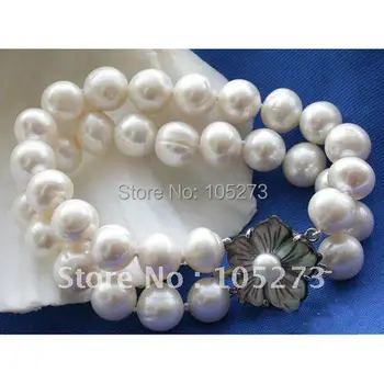 

2ROW 12MM WHITE ROUND FRESHWATER CULTURED PEARL BRACELET SEA SHELL FLOWER CLASP WHOLESALE NEW FREE SHIPPING FN1041