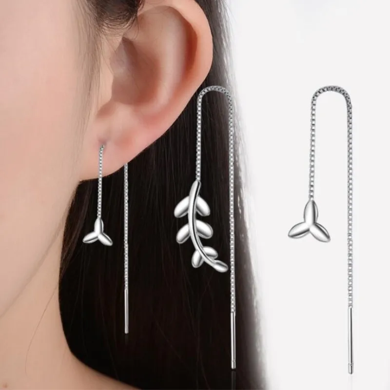 

New Temperament Silver Fungus Jewelry Line Female Sweet Tree Leaves Simple Asymmetric Long Dangle Earrings SE261