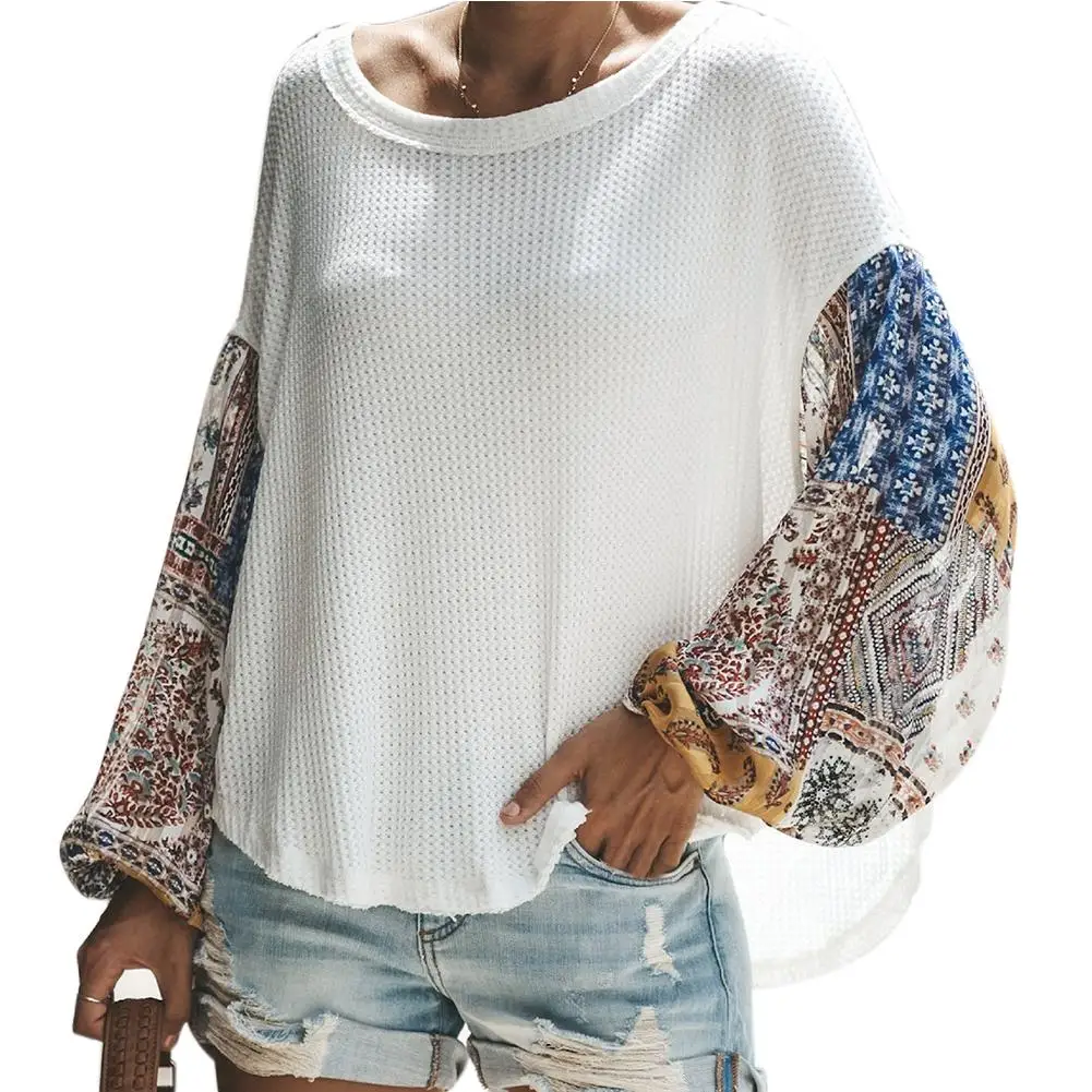 

Loose Women Patchwork Flower Long Sleeve Sweater Knitwear Autumn Blouse Top