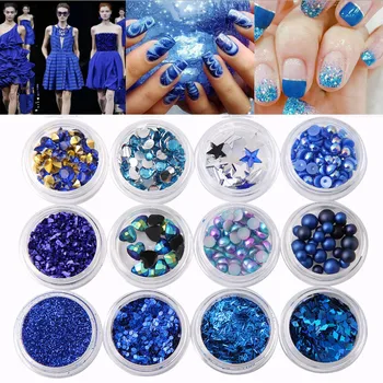 

ELECOOL12 Styles Mixed Shining Glitter Nail Sequins Royal Blue Series 3D Nail Art Decorations Accessories Nail Art Sticker