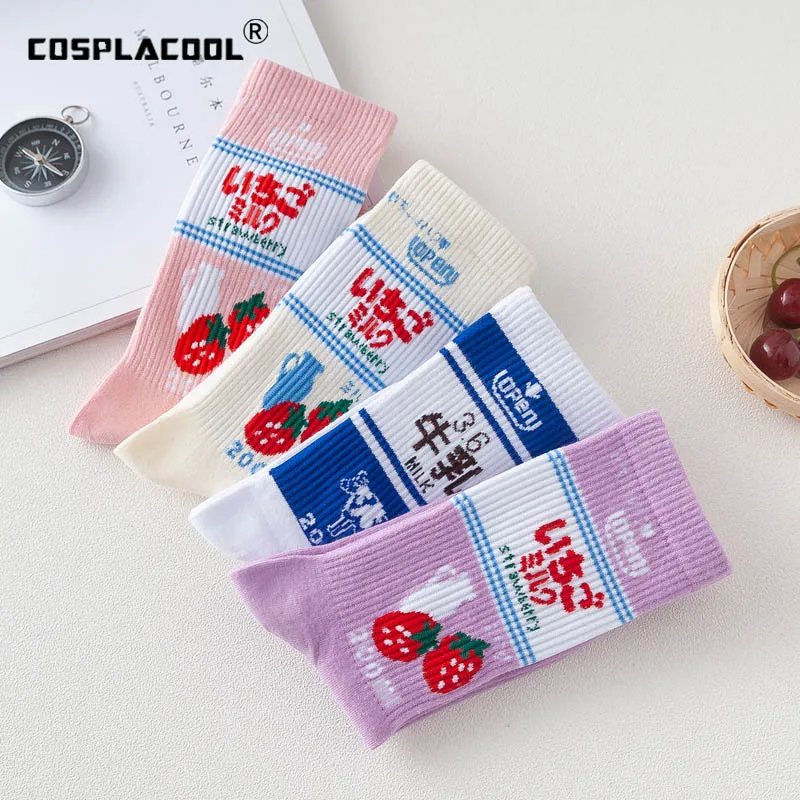 [COSPLACOOL]Art Cotton Crew Printed Funny Socks Milk Strawberry Cute Socks Women Divertidos Characters Hip Hop Harajuku Sokken