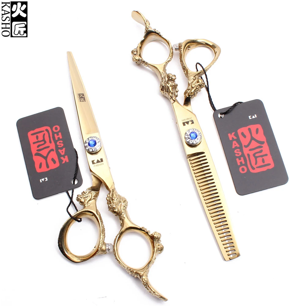 

5.5" 6" 440C Kasho Gold Color Dog Grooming Kit Straight Scissors Thinninng Shears Professional Pets Scissors Animal Shears H9004