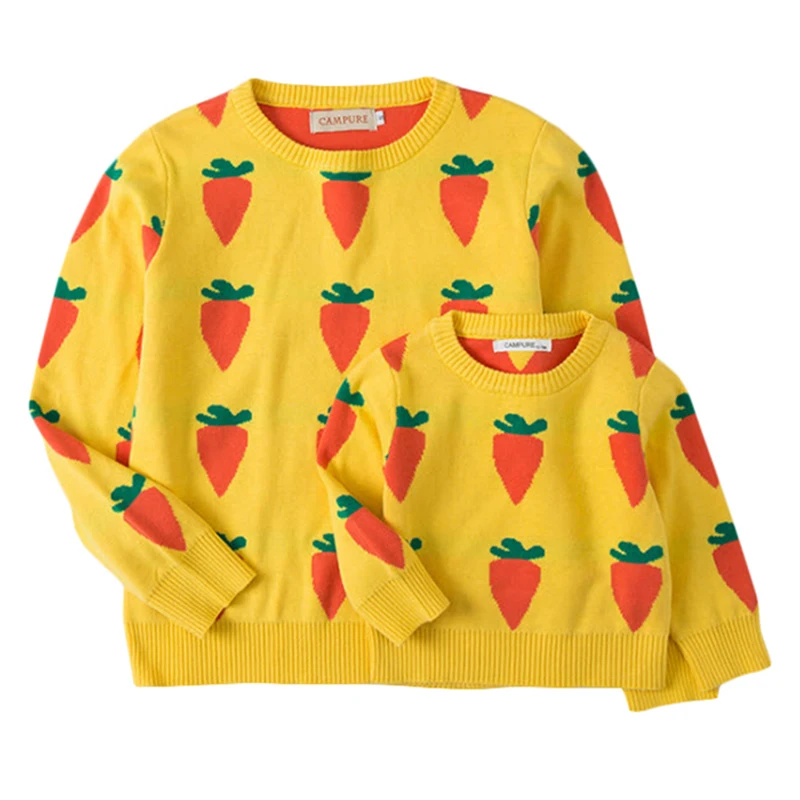 

Family Matching Sweater Carrot Printed Knit Pullovers Mother and Daughter Clothes Outfits Mom Daughter Sweaters