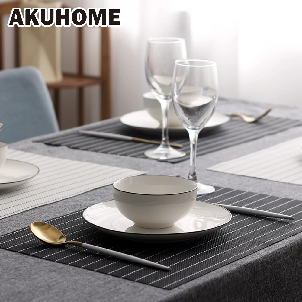 Buy 4 Pcs PVC Placemat Black Stipe Waterproof White
