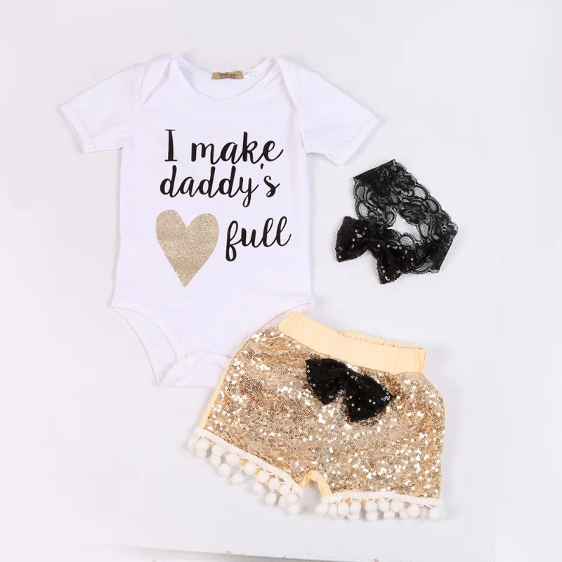 

2017 Novelty Fashion Girls Printed Jersey + Sequined Pants + Headwear Suit Short Sleeves Cotton Baby Girl Clothes For Newborns