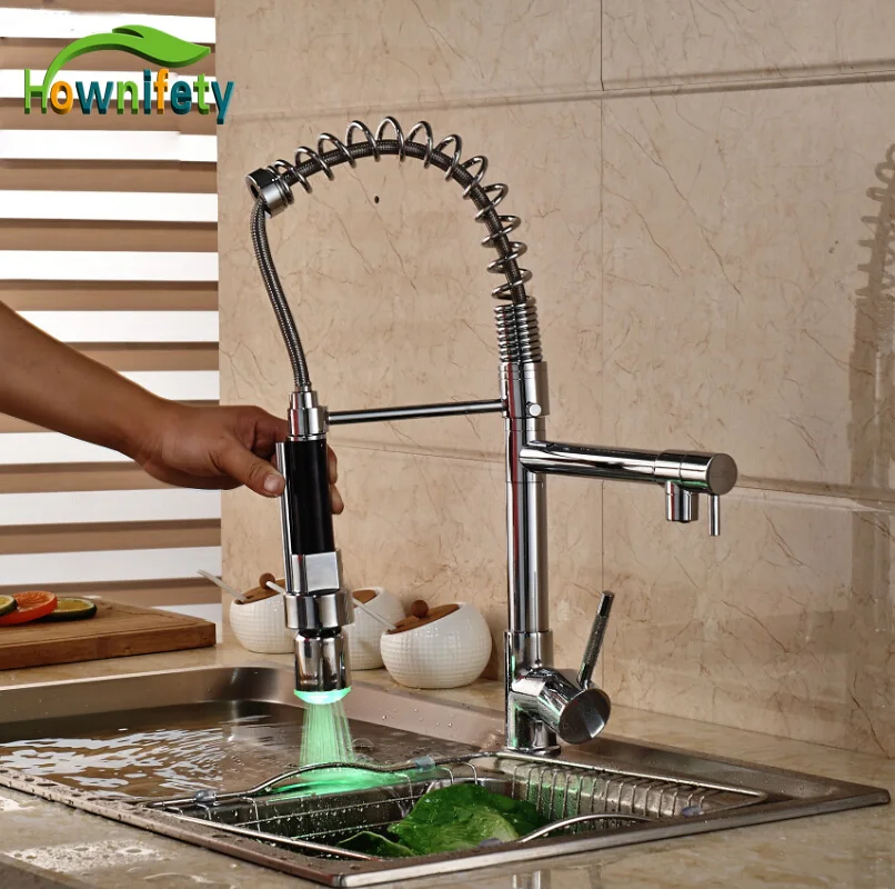 

Single Lever Chrome Polished Kitchen Sink Faucet One Hole Mixer Tap LED Colors Pull Down Spray
