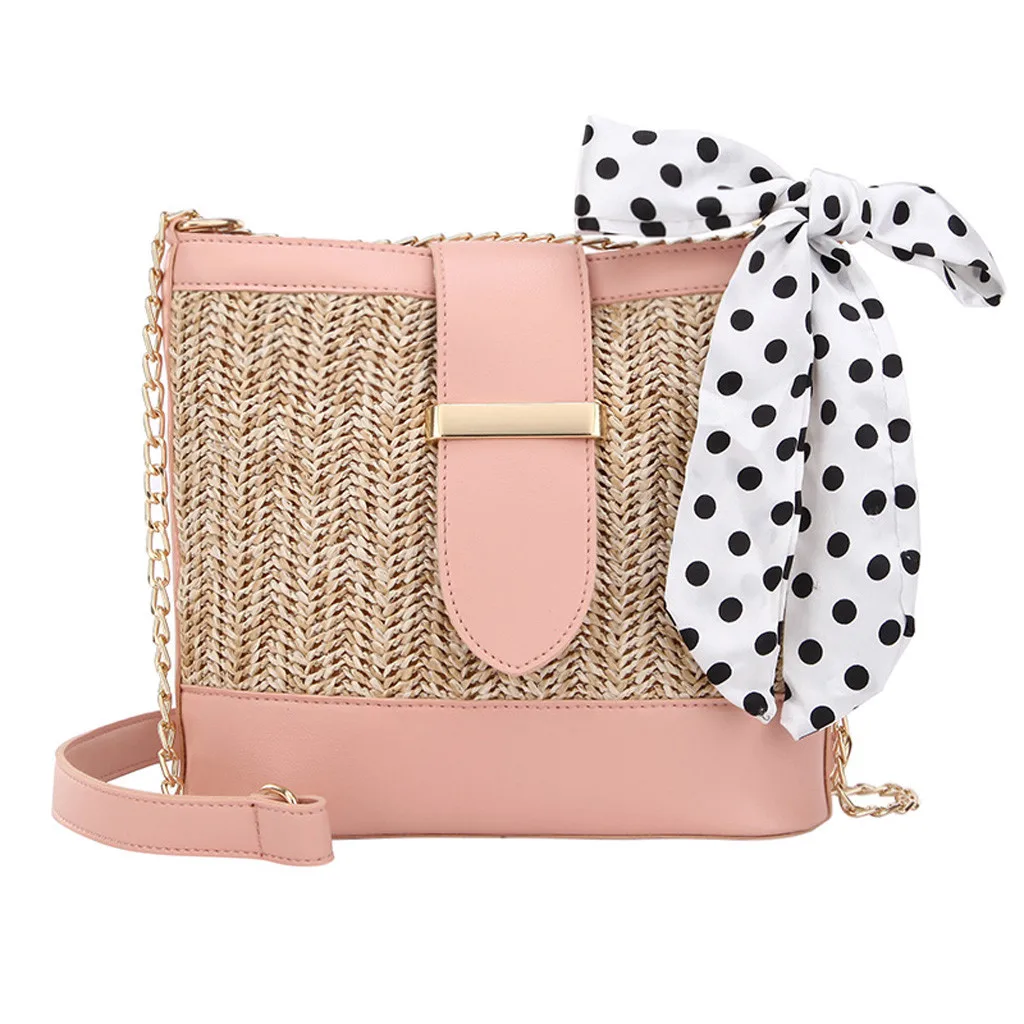 Новая квадратная соломенная сумка, женская летняя сумка из ротанга, Женская тканая пляжная сумка ручной работы через плечо, богемная сумка, дорожная сумка,# N3 - Цвет: Розовый