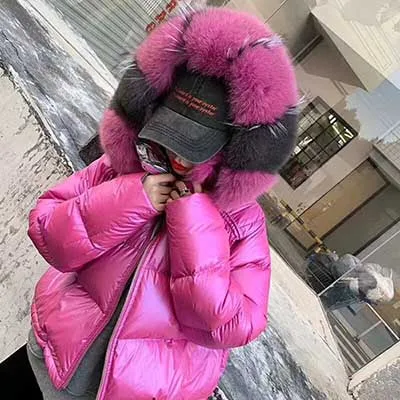 Женская зимняя куртка, пуховик с воротником из натурального Лисьего меха, парка, верхняя одежда, Толстая теплая зимняя куртка - Цвет: hot pink