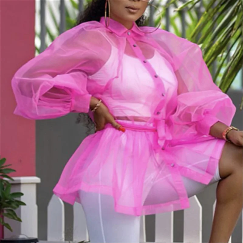 

Transparent sheer mesh blouse shirt Women larten sleeve plus size tops Summer 2019 XXL Ruffles buttom runnway blusas femme
