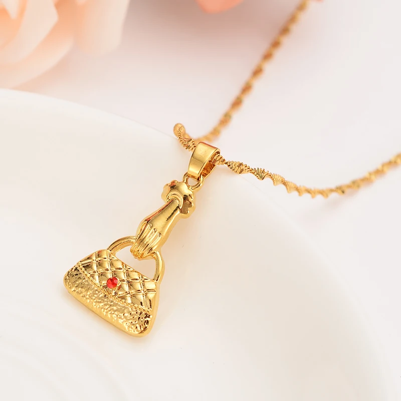 

Hot Sale Women Long Necklace Gold Necklace red cz crystal bag Pendant with Necklace girl friend gift cute sweater chain