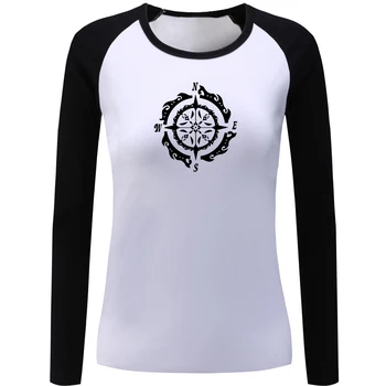 

iDzn Fashion Women's Raglan T Shirt Abstract Nautical Compass Print Long Sleeve T-shirt Lady Girl Casual Tops Plus Size S-XXL