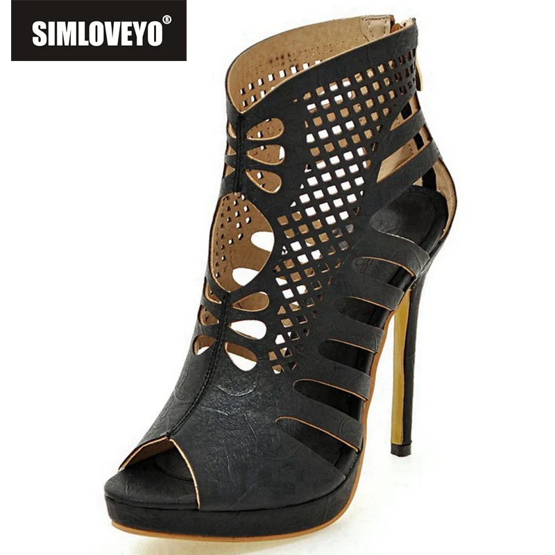 

SIMLOVEYO summer Shoes woman High heels Ladies pumps Peep toe Platform Zipper PU Femal Black White Gold Plus size 30-48