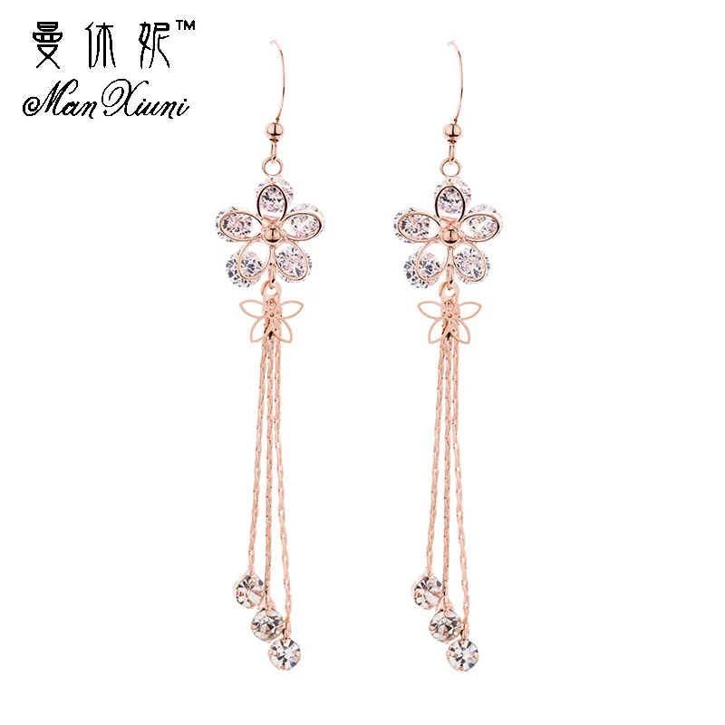 2018 Dangle Sun Flower Rose Gold Colored Rhinestone Tassel Drop Earrings Fashion Jewelry Long ...