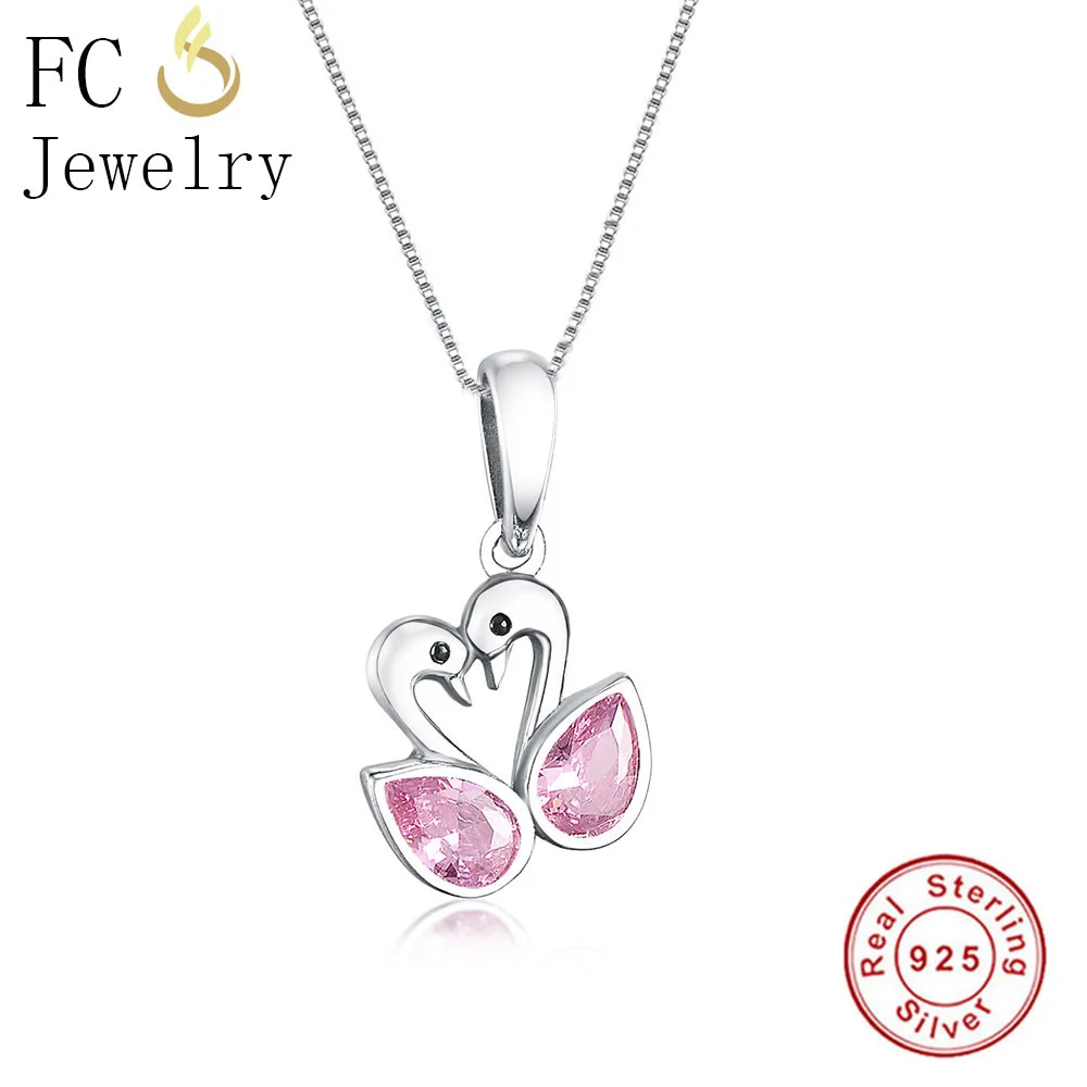 

FC Jewelry 925 Sterling Silver Animal Couple Swan Pink CZ Crystal Pendant Necklaces For Women Chain Choker Trinket Luxury Gifts
