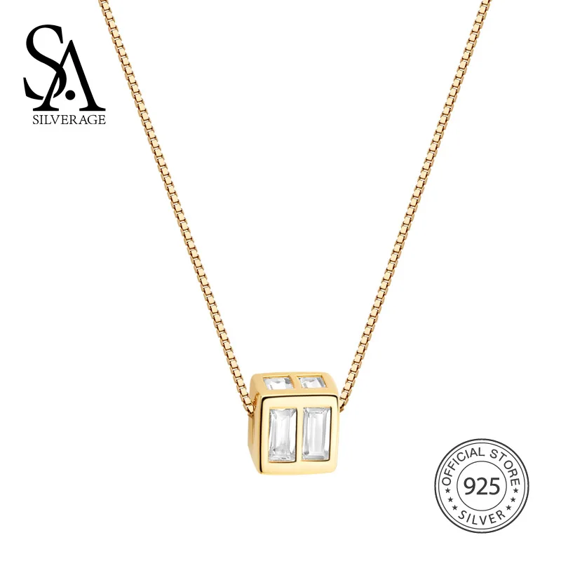 

SA SILVERAGE 925 Sterling Silver Square Box Pendant Chain Necklaces AAA Zirconia Gold Color Choker Necklaces 925 Silver Necklace