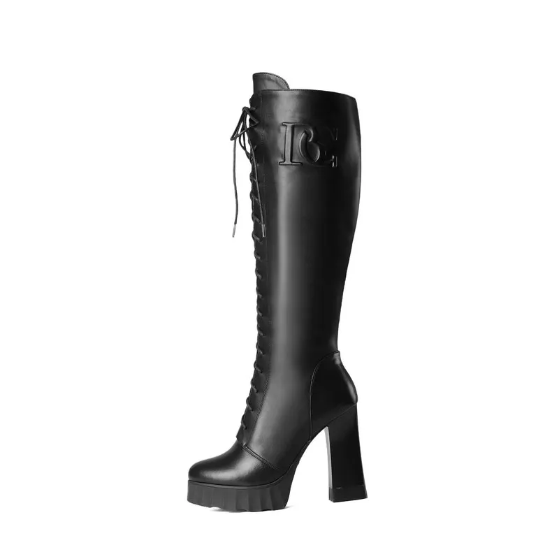 Talons À Femme Zipper Noir Plate Laides Cuir Lace Veau Hauts Up Bottes Mode Hiver Véritable forme En Carré Genou 0PwnOk8