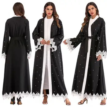 

Women Muslim Abaya Open Cardigan Maxi Dress Beads Lace Side Belt Gown Party Cocktail Pearls Middle East Robe Dubai Kaftan Gown