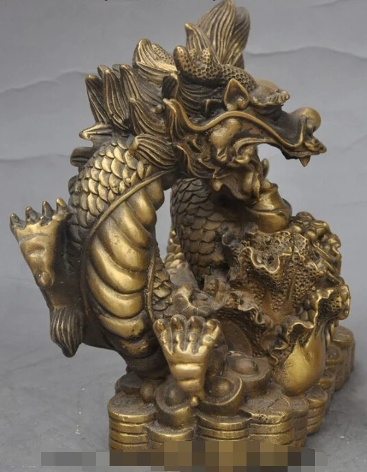 

S0622 6"chinese bronze fengshui animal dragon Cabbage wealth yuanbao money coin statue discount 30% (C0324)