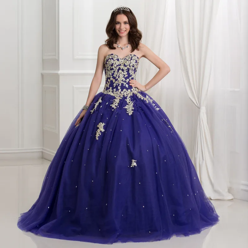 Dark Royal Blue Ball Gown Quinceanera Dresses 2017 With Gold Lace