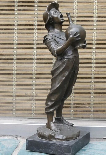 

bi003791 16"Western Bronze & Marble ART drink water Bare Feet woman statue