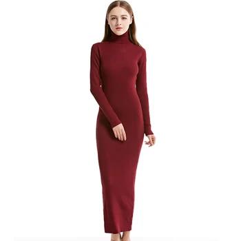 New Fashion Women Sexy Party Dress Knit Style Long Sleeve Turtleneck Winter Maxi Dress Slim Work Wear Office Dress Vestidos 1