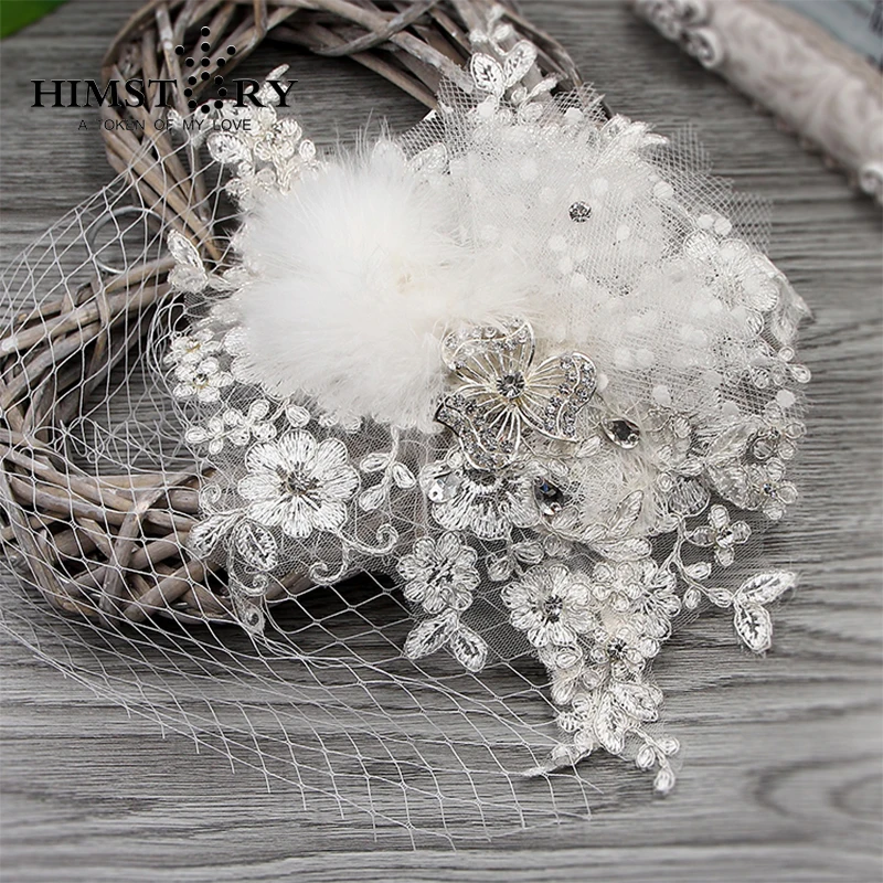 

Handmade Wedding Bridal Hair Accessories Feather Flower Hair Pins Lace Net Rhinestones Women Hair Jewelry