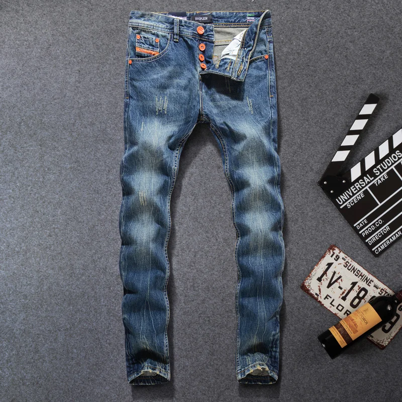 Fashion Designer Men Jeans Orange Stripe Vintage Straight Fit Cotton Denim Pants hombre Streetwear Classical Buttons Jeans Men