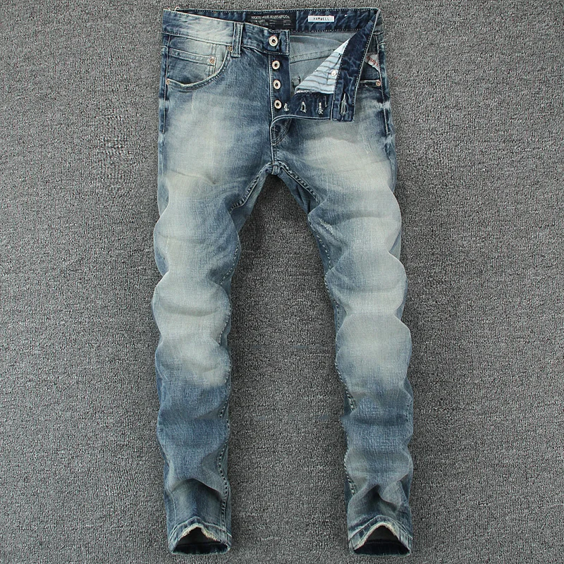 Ceny Włoski Vintage Designer Men Jeans jasnoniebieski Slim Fit Denim przyciski spodnie klasyczne proste dżinsy Homme bawełniane markowe dżinsy męskie