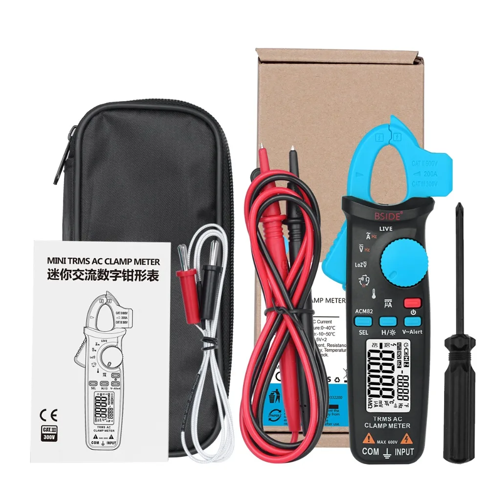 BSIDE ACM91 Medidor de abrazadera digital de 1 mA AC//DC Corriente real RMS auto rango 6000 contador de temperatura Hz capacitancia Live Check V-Alert comprobador de voltaje de baja impedancia