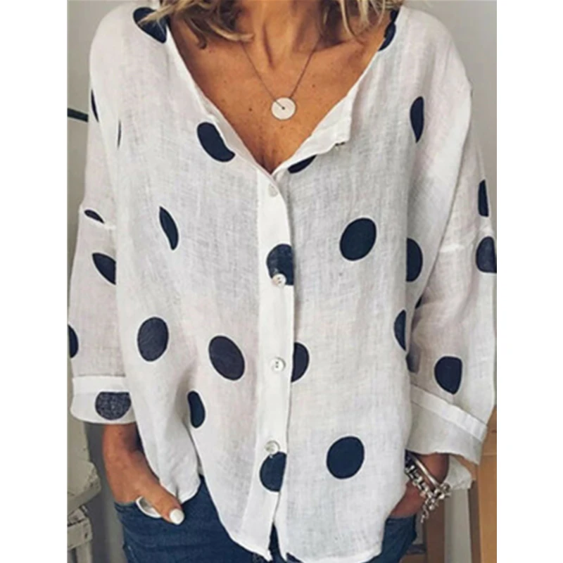 

Women Summer Fashion Boho Blouses Polka Dot Cotton Linen Sexy V Neck Top Blouses Lady Loose Plus Size Blouse Shirt Blusas 2019