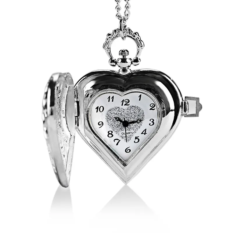 Fashion Silver Heart Shape Fob Quartz Pendant Pocket Watch With Necklace Chain Free Shipping 