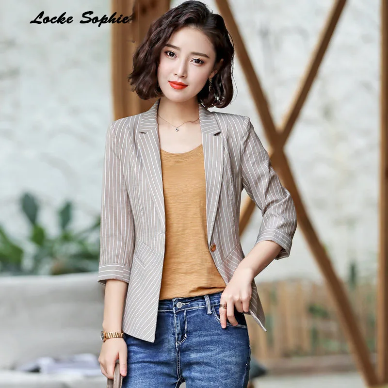 1pcs Women Plus size Blazers coats 2019 Summer cotton Single buckle stripe Small Suits jackets ladies Skinny Blazers Suits coats