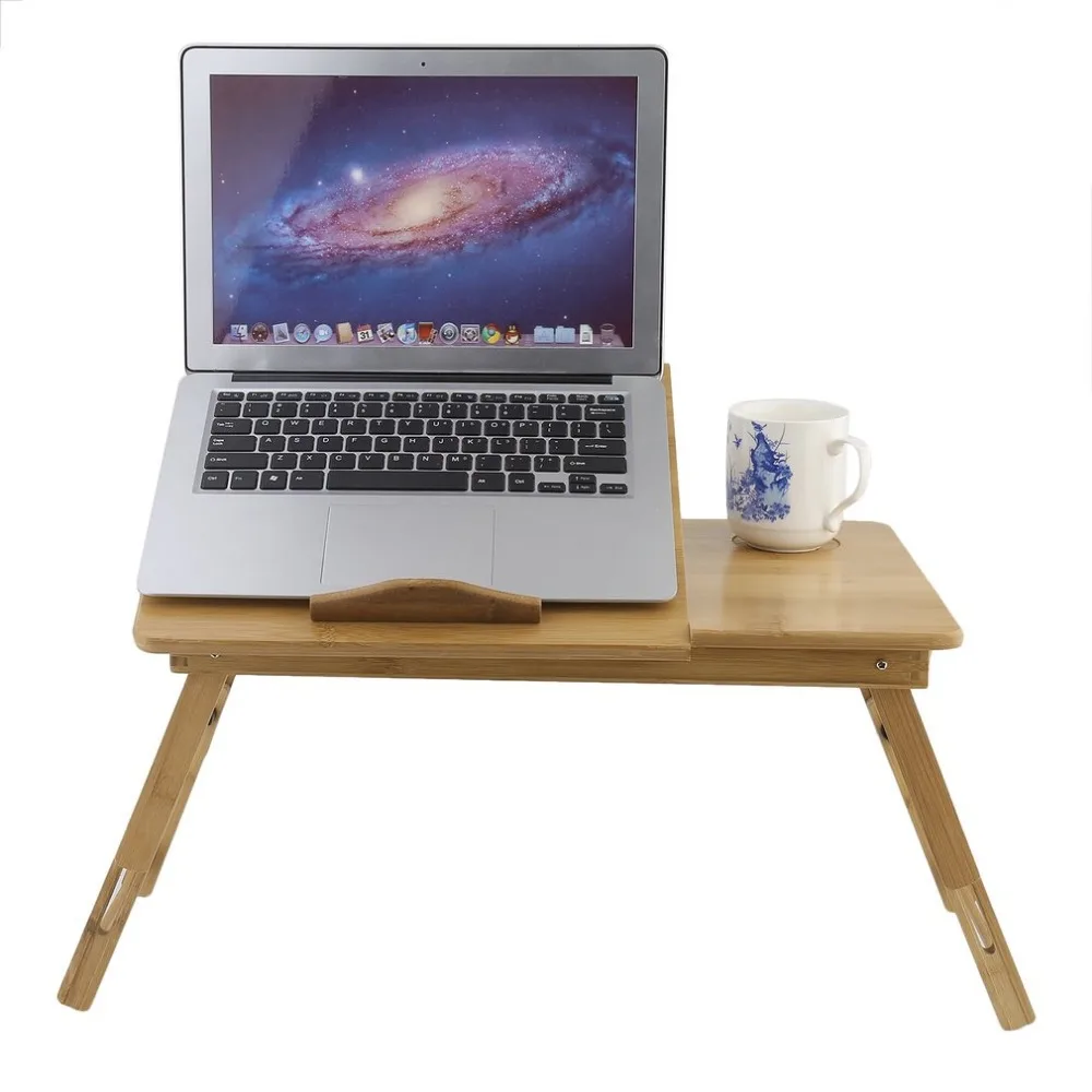 Classical Bamboo Computer Foldable Bed Office Sofa Laptop Stand Desk With Double Cooling Fan Drawer Adjustable Notebook Table