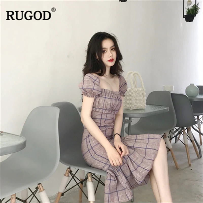 

RUGOD 2020 New Summer Women Slim Plaid Mermaid Dress Square Collar Short Sleeve Slim Dress Vintage French Style Elegant Dress