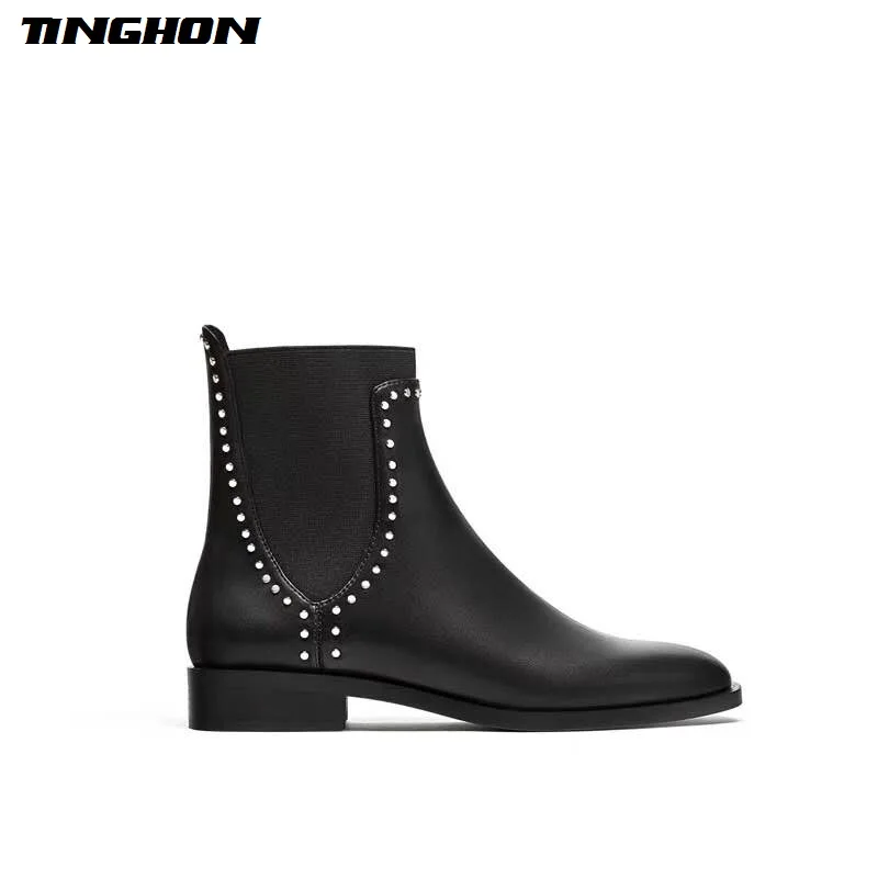 

TINGHON Spring Autumn Winter Women ankle boots Retro Martin boots Square Toe Front zipper Martin boots shoes luxury design