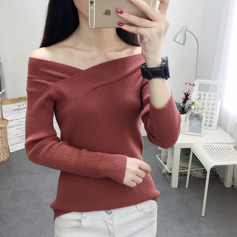 2018 Autumn winter fashion women tops cross V neck tight low shoulder women sweaters and pullovers slim black sweter mujer
