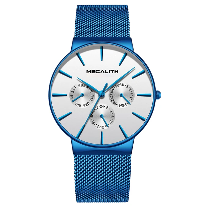 Мужские часы MEGALITH, черный стальной ремешок, сетчатый Браслет, кварцевые часы для мужчин, водонепроницаемые, с календарем, тонкий дизайн, спортивные наручные часы - Цвет: white mesh-6