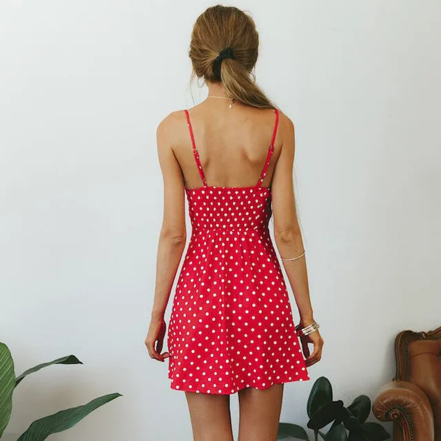 T 2019 Pois Robe Courte Femmes Spaghetti Sangle Arcs Dcontract Robe De Plage Robe Dt Hors Paule Sexy Dos Nu Mini Robe