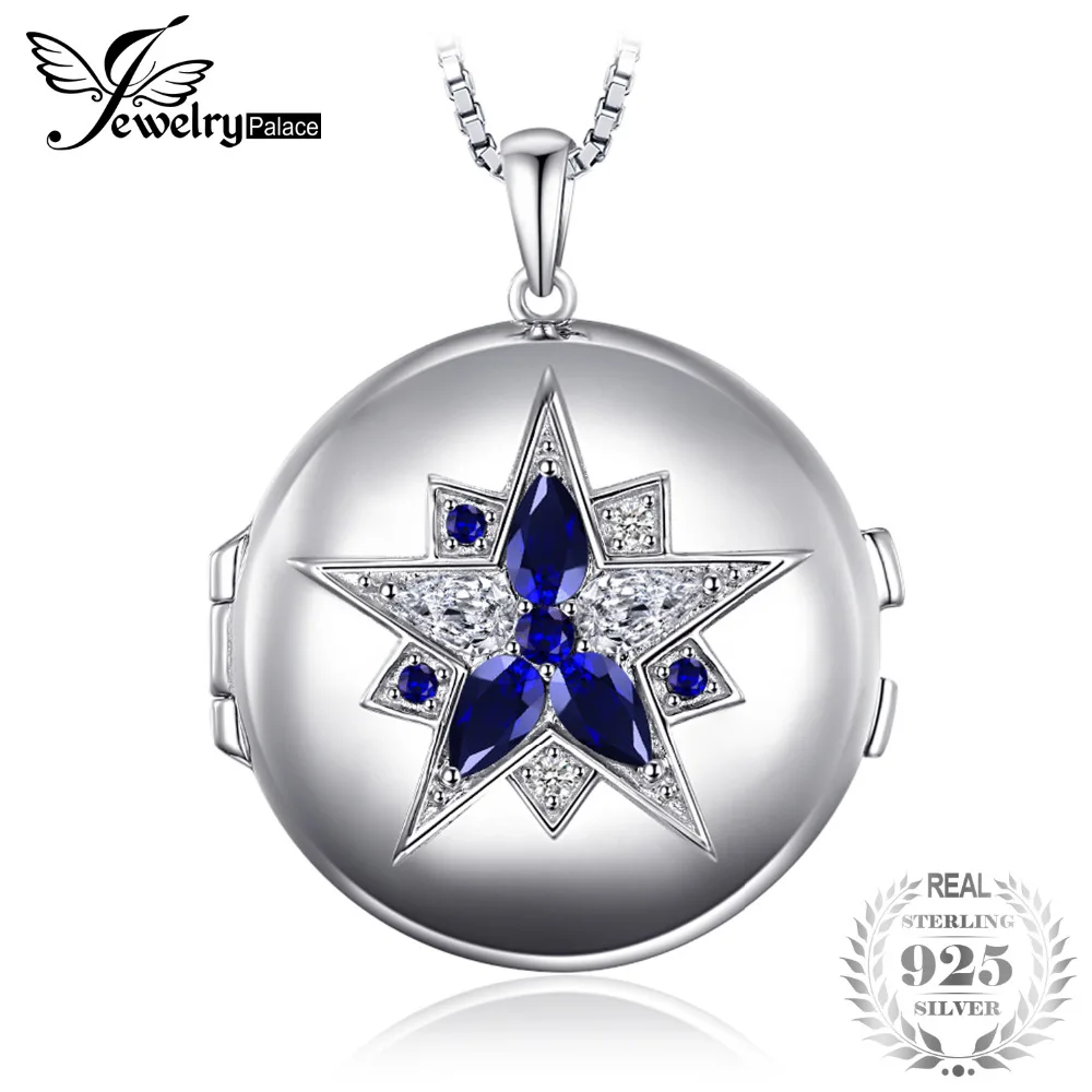 

JewelryPalace 1.3ct Created Sapphire Pocket Pendant Necklaces Top 925 Sterling Silver 45cm Box Chain Can Put Photos Fine Jewelry