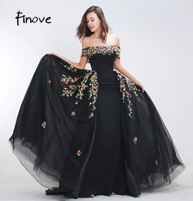 Finove Beading Prom Dresses 2020 New Styles Sexy Boat Neck A-Line Detachable Skirt Floor Length Long Party Dresses for Women
